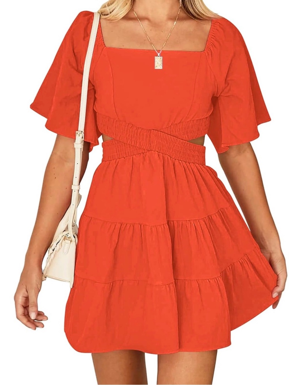 Women's Square Neck Tiered Mini Dress - Red/Orange